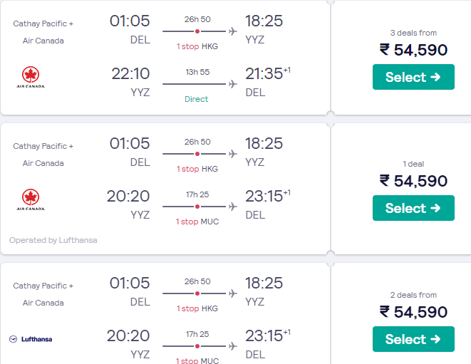 Delhi to Toronto/Vancouver Canada cheap ticket 5255k return May 2020